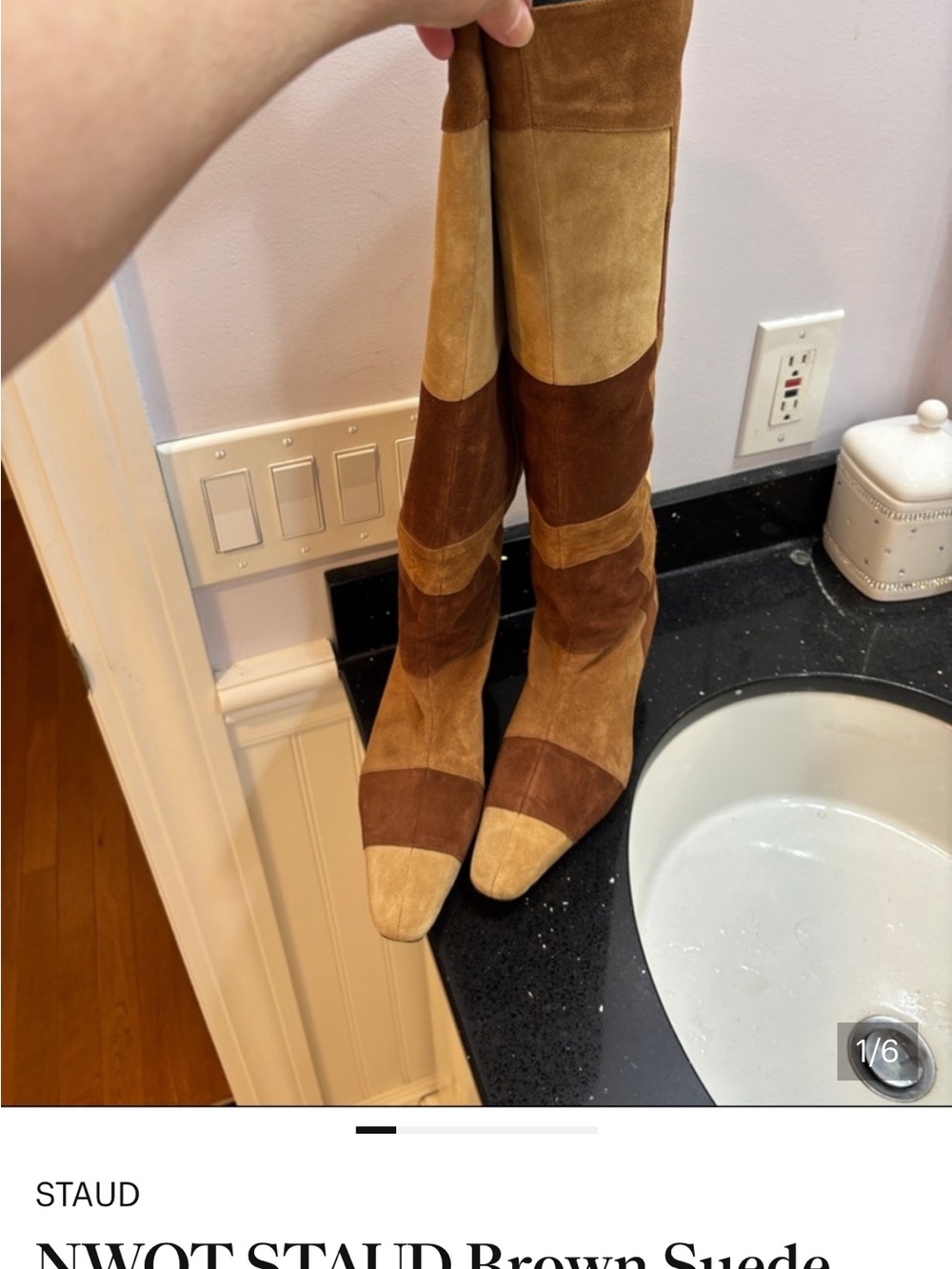NWOT STAUD Patchwork Suede Boots in Brown and Tan - Picture 2 of 6